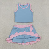 GSD4014 baby girls blue purple sleeveless scalloped skirt Outfits yoga