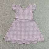 GSD3796 girls pink checkered flying sleeve scalloped dress yoga