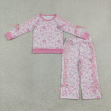 Matching girls flowe long sleeves pants bow clothing