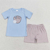 Matching  Baby boys girls baseball blue pink short sleeve checkered shorts outfits embroidery