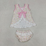 GBO0518 girls flower bow sleeveless bummies set