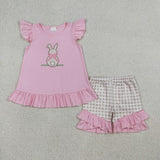 Matching  Baby boys girls Easter bunny blue pink checkered outfits embroidery