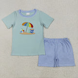 Matching Baby girls boys beach short sleeve stripe shorts outfits embroidery