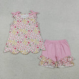 Matching Baby girls sleeveless flower short sleeve scalloped shorts outfits