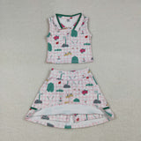 GSD3520 Girls flower golf pink checkered  button skirt outfits yoga