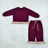 Matching Baby girls solid long sleeve ruffle outfits sweatshirt material