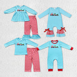 long sleeve embroidery Christmas tree red plaid pants kids outfits