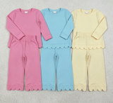 Matching Baby girls solid long sleeves scalloped outfits cotton