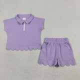 GSSO3377 girls solid purple zipper scalloped shorts outfits