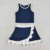 GSD4024 baby girls navy white sleeveless scalloped skirt Outfits yoga