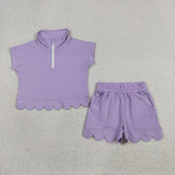 GSSO3377 girls solid purple zipper scalloped shorts outfits