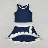 GSD4024 baby girls navy white sleeveless scalloped skirt Outfits yoga