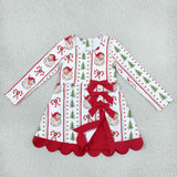 GLD1650 girls Christmas tree long sleeve red bow scalloped dress yoga
