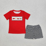 Matching Baby boys summer cartoon car black white plaid outfits clothing