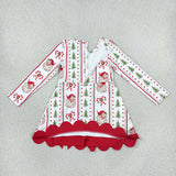 GLD1650 girls Christmas tree long sleeve red bow scalloped dress yoga