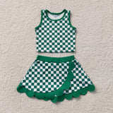 GSD4178 baby girls green checkered sleeveless scalloped skirt Outfits yoga