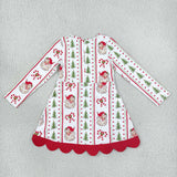 GLD1650 girls Christmas tree long sleeve red bow scalloped dress yoga