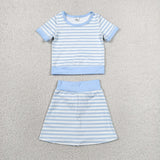 GSD4162 girls blue stripe short sleeve skirt outfits yoga