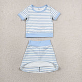 GSD4162 girls blue stripe short sleeve skirt outfits yoga