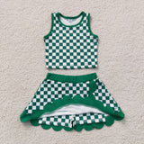 GSD4178 baby girls green checkered sleeveless scalloped skirt Outfits yoga