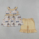 GSSO3071 girls farm tractor yellow checkered shorts outfits