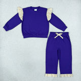GLP3699 baby girls solid long sleeves ruffle pant outfits cotton
