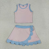 GSD4010 baby girls pink blue sleeveless scalloped skirt Outfits yoga