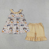 GSSO3071 girls farm tractor yellow checkered shorts outfits