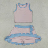 GSD4010 baby girls pink blue sleeveless scalloped skirt Outfits yoga