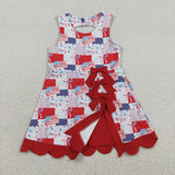 GSD3945 girls July Fourth flage sleeveless red bow scalloped  dress yoga