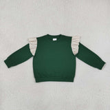 GLP3698 baby girls solid green ruffle long sleeves pant outfits cotton