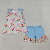 Matching Baby girls sleeveless flower short sleeve scalloped shorts outfits