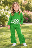 GLP3714 Girls green plaid long sleeve ruffle pant hoodies outfits