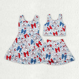 Matching Baby girls July Fourth bow sleeveless bow dress yoga