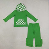 GLP3714 Girls green plaid long sleeve ruffle pant hoodies outfits