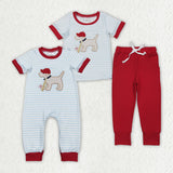 Matching Baby boys puppy baseball blue stripe romper outfits short sleeves embroidery