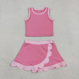 GSD4063 baby girls solid pink sleeveless scalloped skirt Outfits yoga