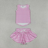 GSSO3478 girls rose checkered sleeveless shorts outfits yoga