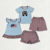 Matching Baby girls boys July Fourth short sleeve stripe shorts outfits embroidery