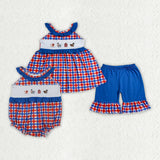 Matching  Baby boys girls Farm checkered romper outfits embroidery