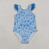 S0515 Baby girls blue flower flying sleeve swimsuit