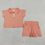 GSSO3374 girls solid orange zipper scalloped shorts outfits