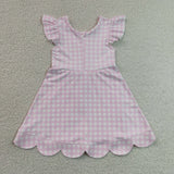 GSD3796 girls pink checkered flying sleeve scalloped dress yoga