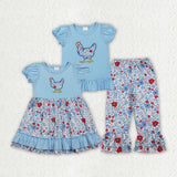 Matching Baby girls chicken blue flower dress outfits embroidery