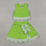 GSD3322 baby girls solid green sleeveless checkered bow skirt Outfits yoga