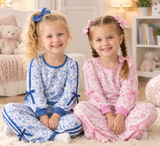 Matching girls flowe long sleeves pants bow clothing