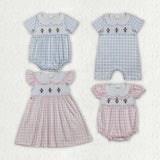 Matching girls Easter crossing pink blue checkered clothing embroidery