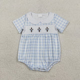 Matching girls Easter crossing pink blue checkered clothing embroidery
