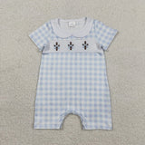 Matching girls Easter crossing pink blue checkered clothing embroidery
