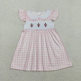 Matching girls Easter crossing pink blue checkered clothing embroidery